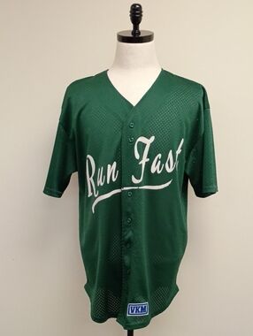 VKM Run Fast Green Baseball Jersey Button Front Shirt Size Large